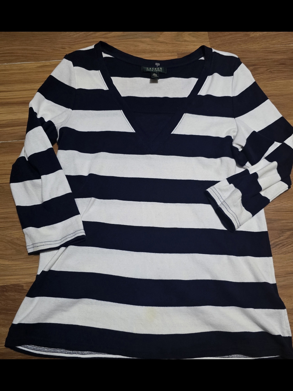 Ralph Lauren Navy and White Striped V-Neck Long Sleeve Tee